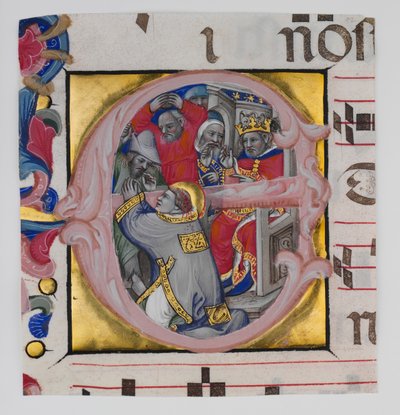 Iluminace rukopisu s mučednickou smrtí svatého Štěpána v iniciále E..., ca. 1394-1402. od Niccolò di Giacomo da Bologna