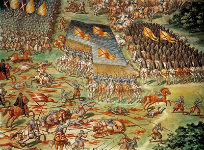 Bitva u St. Quentin (Saint Quentin), která viděla vítězství Španělů nad Francouzi v roce 1557, během italských válek, detail s útokem kavalérie od Niccolo (and workshop) Granello