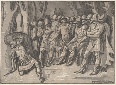 Ajax vlevo dole drží štít nahoře, vpravo stojí Agamemnon obklopený svým..., 1540-50. od Niccolo Vicentino
