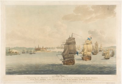 Podle Pococka, Tento tisk představuje britskou flotilu pod velením admirála sira Hyde Parkera s viceadmirálem lordem Nelsonem, K.B. a kontraadmirálem Thomasem Gravesem. od Nicholas (after) Pocock