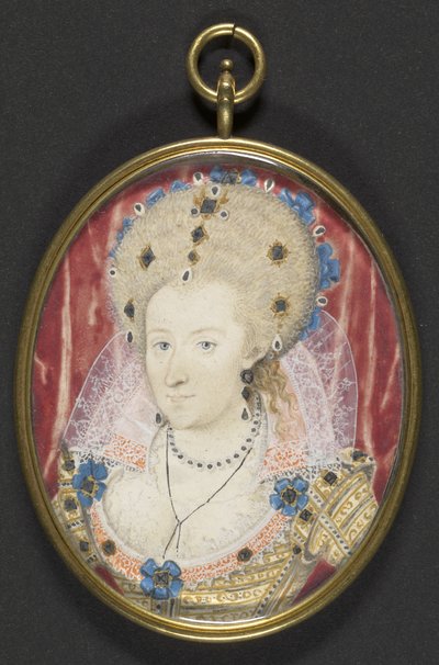 Anna Dánská, cca 1600 (kvaš na pergamenu položený na kartě) od Nicholas (studio of) Hilliard