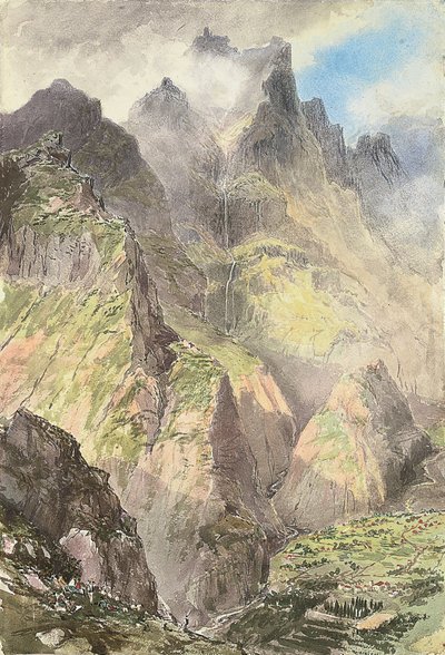 Grande Curral, Madeira, v popředí skupina turistů, za nimi Pico Grande (akvarel na papíře) od Nicholas Chevalier