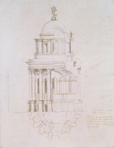 Pohled, příčný řez a půdorys nerealizované křtitelnice pro katedrálu sv. Pavla, kolem 1711-12 (pero a inkoust na papíře) od Nicholas Hawksmoor