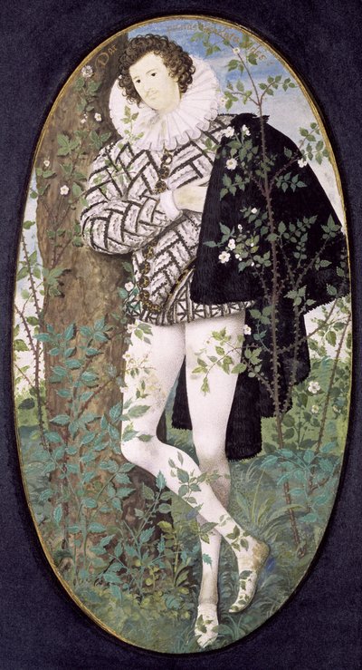 Mladý muž opřený o strom mezi růžemi (tělová barva na pergamenu) od Nicholas Hilliard