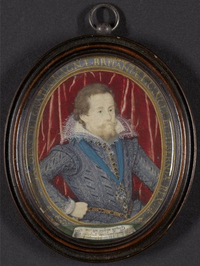 Jakub I. z Anglie a VI. ze Skotska, kolem roku 1610 (s kvašem a zlatem, perem a černým inkoustem na pergamenu) od Nicholas Hilliard