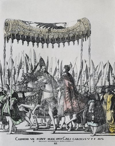 HOGENBERG, Nicolas (1500-1539). Korunovace Karla V. v Bologni. KARLES V. (1500-1558). císař Svaté říše římské (1519-1556) a španělský král (1516-1556), jako Karel I.; Klement VII (1478-1534). Papež mezi 1523 a 1534. Rytina od Nicholas Hogenberg