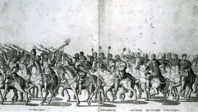 Deska 12 a 13 o vjezdu papeže Klementa VII. a císaře Karla V. do Boloně dne 24. února 1530, vydáno kolem roku 1530 od Nicholas Hogenberg