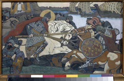 Alexandr Něvský (1220-1263) útočící na Birgera Jarla (1210-1266) (nebo Birgera Magnussona z Bjalba). Epizoda bitvy na Něvě (1240). Dílo Nicolase Roericha (1874-1947), kvaš na kartonu od Nicholas Roerich