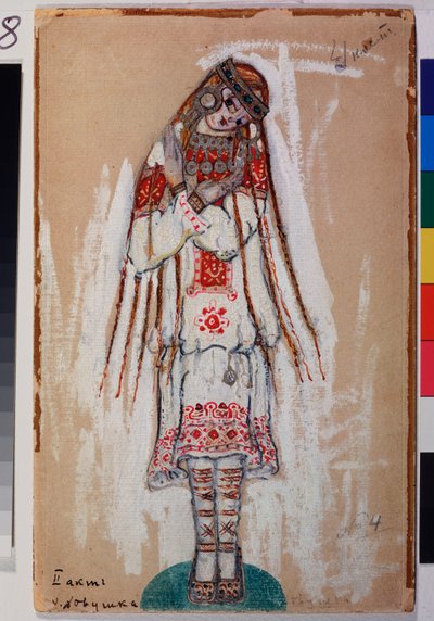 Kostým pro ženskou postavu z baletu "Svěcení jara" od Igora Stravinského (1882-1971). Dílo Nicolase (Nicholase) Roericha (1874-1947), kvaš na kartonu od Nicholas Roerich