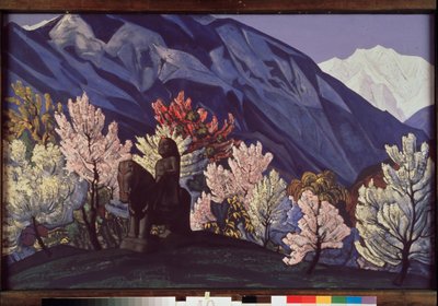Guga Chohan. Údolí Kulu (Indie). (Jezdecká socha mezi kvetoucími stromy Himálaje). Obraz Nicolase (Nicholase) Roericha (1874-1947), tempera na plátně od Nicholas Roerich
