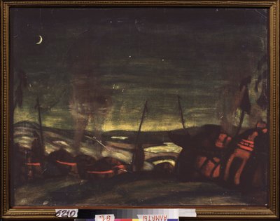 Polovecký (nebo kumánský, kumánský) tábor v noci. Přípravná výzdoba pro operu Kníže Igor Alexandra Borodina (Borodina) (1833-1887). Dílo Nicholase Roericha (1874-1947), tempera na papíře od Nicholas Roerich