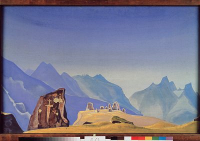 Meč Gesar Khan (neboli král Gesar z Lingu, mongolský a tibetský hrdina). (Skalní hrob na vrcholu řetězu Himálaje). Dílo Nicolase (Nicholase) Roericha (1874-1947) tempera na plátně od Nicholas Roerich