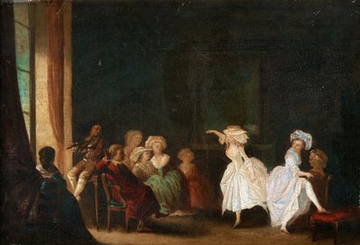 Taneční škola Niklase Lafrensena, známého jako Nicolas Lavreince nebo Lavrince (1737-1807). Olej na dřevě, rozměr: 26,5x40, , Soukromá sbírka od Niclas II Lafrensen