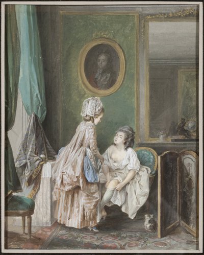 Žena si obléká punčochy - Žena si natahuje punčochy, Lafrensen, Niclas (Nicolas Lavreince) (1737-1807). Kvaš na papíře od Niclas II Lafrensen