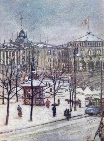 Norsko: The Houses of Parliament (Storthing), Christiania (barevné lito) od Nico Jungman