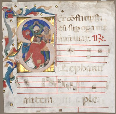 Fragment antifonáře s historickou iniciálou S: Ukamenování sv. Štěpána, kol. 1370-1372. od Nicolò da Bologna