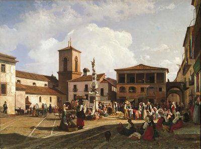 Benevento (region Kampánie), náměstí Orsini se zvonicí katedrály a fontánou zasvěcenou papeži Orsinimu (olej na plátně) od Nicola Palizzi