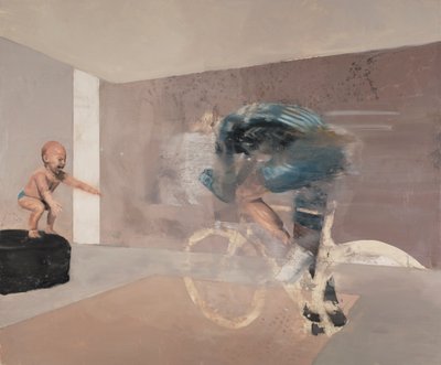 Dítě s cyklistou, 2019 (olej na plátně) od Nicola Pucci