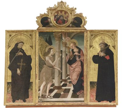 Zvěstování svatým Janu Gualbertovi a Benediktovi, asi 1500-05 (triptych na desce) od Nicola de Maestro Antonio