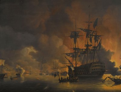 Požár na přístavišti Alžír, krátce po zahájení bombardování Anglo-nizozemskou flotilou, 27. srpna 1816 Čtyři epizody během přítomnosti Anglo-nizozemské flotily v Alžírském zálivu, 26. až 27. srpna 1816 (název série) od Nicolaas Baur