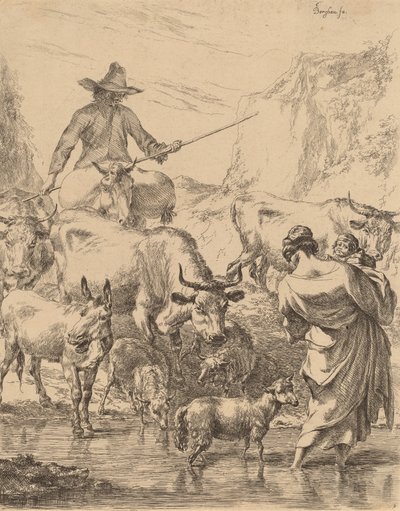 Stádo přes potok. od Nicolaes Berchem