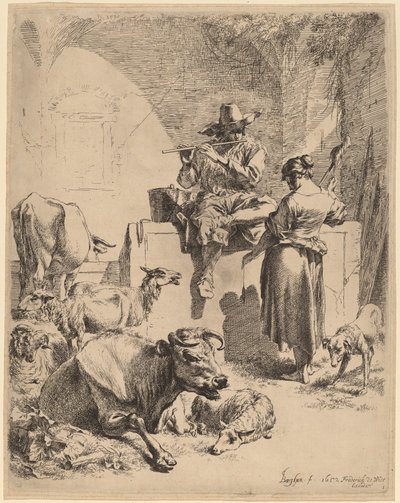 Pastýř sedící na fontáně a kolotoč, 1652. od Nicolaes Berchem