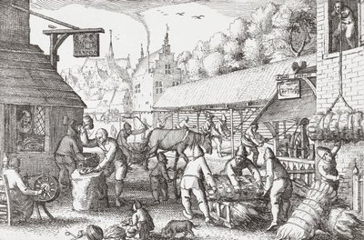 Holandští vesničané ze 17. století vyrábějící lano od Nicolaes Jansz Visscher