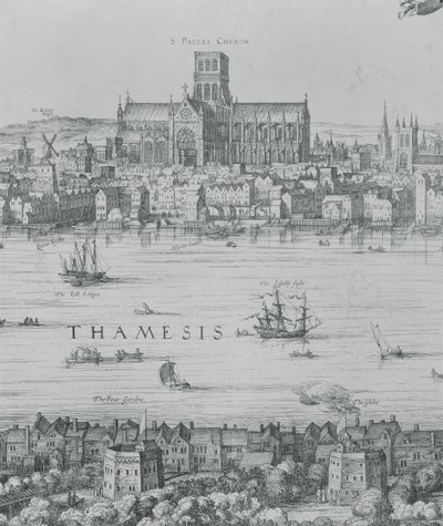 Panorama Londýna a Temže, detail z druhé části zobrazující katedrálu St. Pauls a divadlo Globe, cca 1600 detail rytiny 7214 od Nicolaes Jansz Visscher