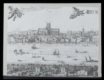 Panorama Londýna a Temže, druhá část ukazuje katedrálu sv. Pavla a divadlo Globe, c. 1600 (viz také 64730-32) (podrobnosti viz 92085) od Nicolaes Jansz Visscher