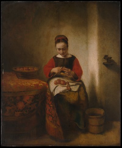 Mladá žena loupe jablka od Nicolaes Maes