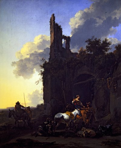 Italská krajina s rolníky před hostincem od Nicolaes Pietersz. Berchem
