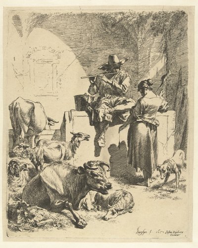 Hra na flétnu Shepherd and Spinner od Nicolaes Pietersz Berchem