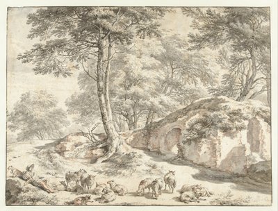Pastýř s ovcemi na zřícenině mezi stromy od Nicolaes Pietersz Berchem