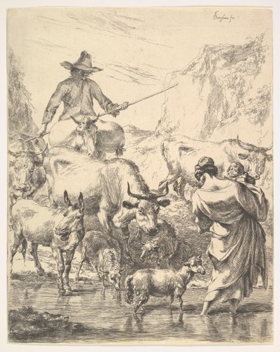 Stádo přes potok. od Nicolaes Pietersz. Berchem