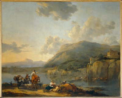 Řidička mezka u brodu - Řidička mezka projíždí kolem brodu ... od Nicolaes Pietersz. Berchem