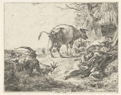 Spící pastýřská rodina a odpočívající hospodářská zvířata od Nicolaes Pietersz Berchem