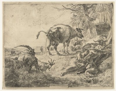 Spící pastýřská rodina a odpočívající hospodářská zvířata od Nicolaes Pietersz Berchem
