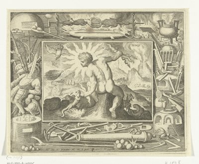 Element ohně jako mladý muž s blesky Ignis (název na objektu) The Four Elements (název série) od Nicolaes de Bruyn