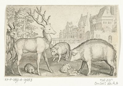 Jelen, ježek, ovce, žába a prase Animalivm qvadrvpedvm (název série) Zvířata v krajině (název série) od Nicolaes de Bruyn