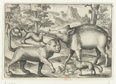 Leopard, divočák a dva psi Animalivm qvadrvpedvm (název série) Zvířata v krajině (název série) od Nicolaes de Bruyn