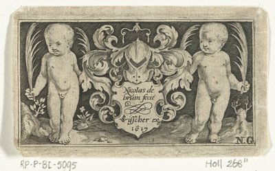 Titulní tisk se dvěma dětmi s palmovým listem vedle erbu Frísové s dětmi, anděly a zvířaty (název série) od Nicolaes de Bruyn
