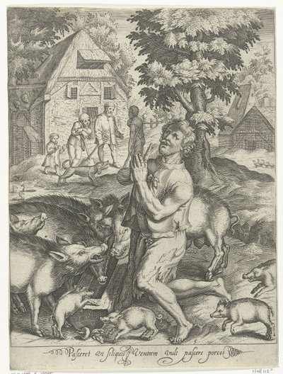 Marnotratný syn jako Swineherd Pasceret vt siliquis ventrem vyplňuje pascere porcos (název na objektu) Příběh marnotratného syna (název série) od Nicolaes de Bruyn