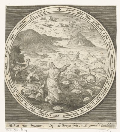 Pátý den stvoření: Bůh stvořil ryby a ptáky Od stvoření k vyhnání z ráje (název série) od Nicolaes de Bruyn