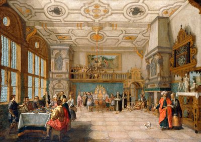 Lazarus u dveří hodovní síně s elegantními postavami stolujícími, 1622 od Nicolaes de Gyselaer
