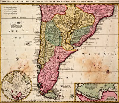 Mapa Paraguaye, Chile, Magellanova průlivu a Ohňové země v Jižní Americe, asi 1720 (kolorovaná rytina) od Nicolaes the Younger Visscher