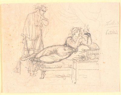 Lesbia a Catullus. Lesbia ležící, na levé ruce drží ptáka. Catullus stojí vzadu od Nicolai Abildgaard