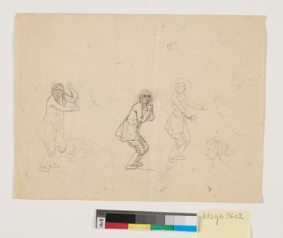 Studie hlav a postav, mj. třikrát vykreslená mužská postava od Nicolai Abildgaard