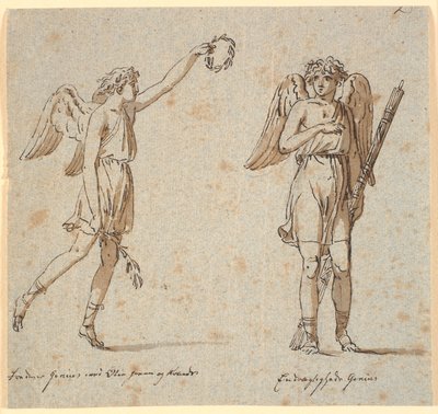 Dva géniové, jeden s olivovou ratolestí, druhý s fasces od Nicolai Abildgaard