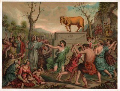 Klanění zlatému teleti. (Litografie, cca 1900) od Nicolas (after) Poussin