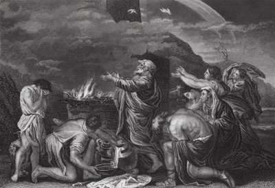 Noemova oběť, Genesis, kap. 8, v. 20 (rytina) od Nicolas (after) Poussin